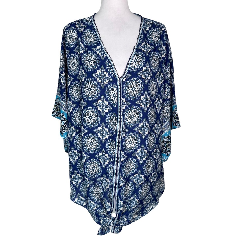 MAX STUDIO NWT Women's 3X Blue Medallion Print Tie Front Lightweight Kimono Top